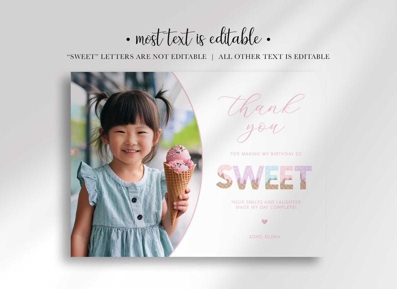 Graphic explaining that most text on the card is editable, noting the 'SWEET' lettering is not editable while all other text is.