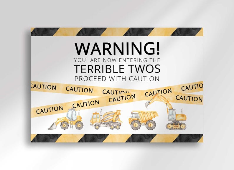 Flat print preview of the Warning Terrible Twos construction caution tape themed second birthday welcome sign with construction vehicle illustrations.
