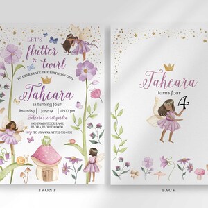 Labeled FRONT and BACK comparison of the Let's Flutter & Twirl invitation, showing the fairy garden front design side by side with the gold confetti back design.
