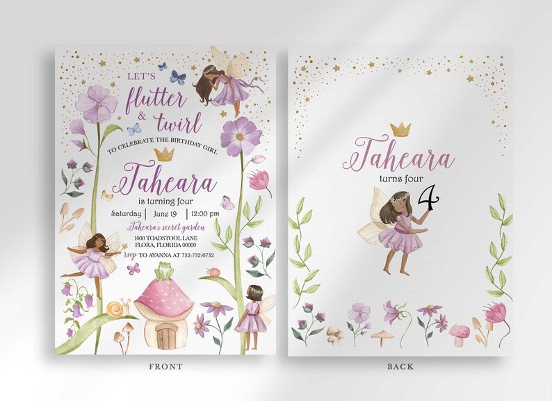 Labeled FRONT and BACK comparison of the Let's Flutter & Twirl invitation, showing the fairy garden front design side by side with the gold confetti back design.