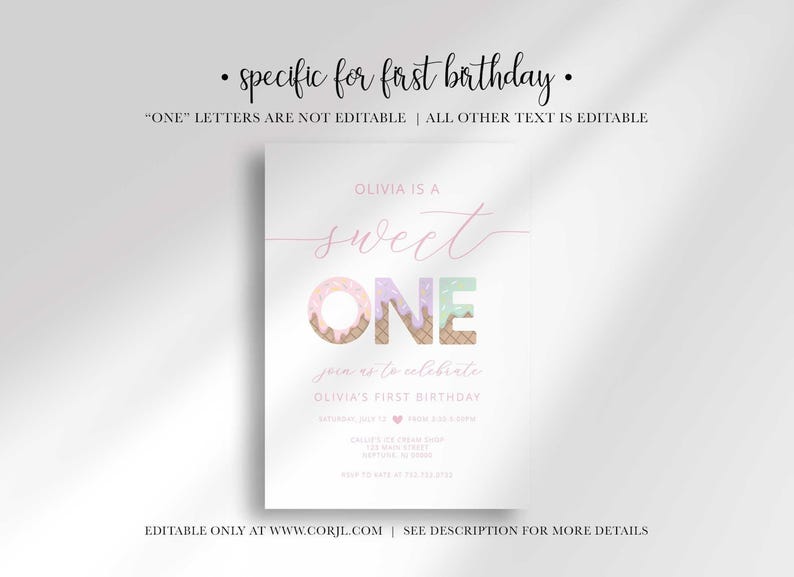 Editability disclaimer graphic reading "specific for first birthday," noting the 'ONE' letters are not editable but all other text is editable, editable only at Corjl.com, see description for more details.