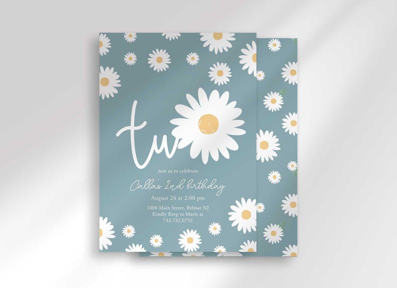 The 'TWO' invitation for Callie's 2nd birthday with a second card showing the daisy pattern back design peeking out behind it.