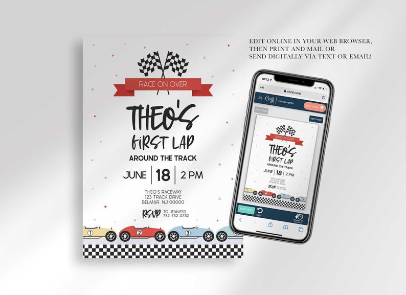 digital race car birthday invitation