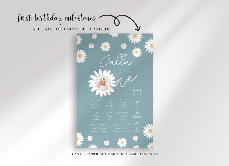 Graphic labeled "first birthday milestones, all categories can be changed," showing the daisy-themed poster and noting imperial or metric measuring units can be used.