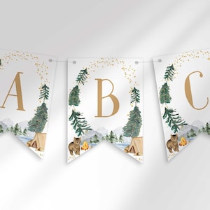 Woodland Camper Banner, Editable Birthday Baby Shower Bunting (Digital Download)