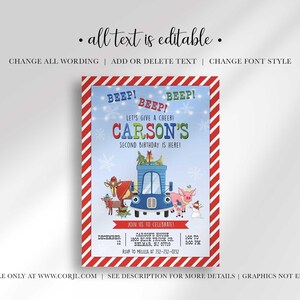 An explainer graphic reading 'all text is editable: change all wording, add or delete text, change font style' and 'editable only at www.corjl.com, see description for more details, graphics not editable,' shown over Carson's winter truck-themed birthday invitation.