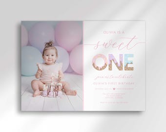 Ice Cream First Birthday Photo Invitation Pink Blue Sprinkles Instant Download Digital Party