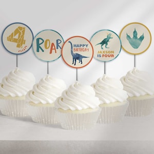 Editable Dinosaur Birthday Party Circles to  Edit at Corjl.com | Dinosaur Cupcake Toppers | Instant Download | Printable DIY