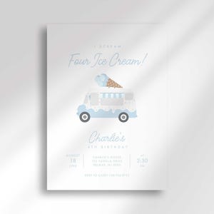 Flat, straight-on view of the ice cream truck "I Scream, Four Ice Cream!" invitation for Charlie's 4th birthday against a plain white background.