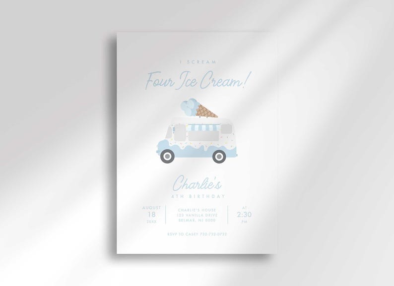 Flat, straight-on view of the ice cream truck "I Scream, Four Ice Cream!" invitation for Charlie's 4th birthday against a plain white background.