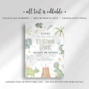 An explainer graphic reading "all text is editable" with instructions to change all wording, add or delete text, and change font style, shown over William's dinosaur-themed invitation design.