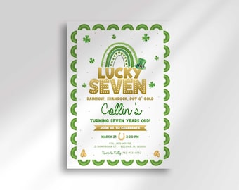 Lucky Seven Birthday Invitation, 7th Party Invite St. Patricks Theme, Irish Design
