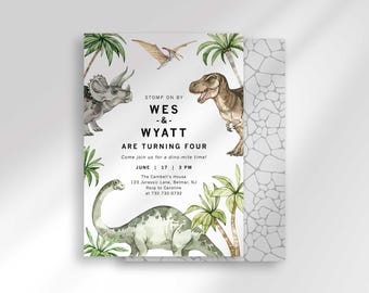 Twins Dinosaur Birthday Invitation, Jurassic Party Invite (Digital Download)