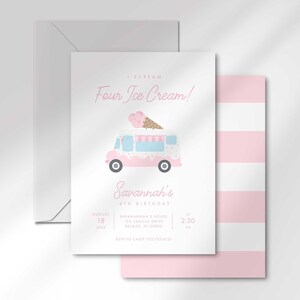 Savannah's 'I Scream, Four Ice Cream!' 4th birthday invitation layered in front of its matching envelope and a second card showing a pink and white striped back design.
