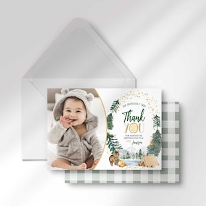 Jameson's camping-themed thank you photo card layered in front of its matching envelope and a second card showing the sage green plaid back design.