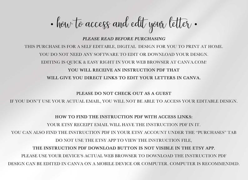 Instruction sheet with black text detailing how to access and edit the digital design.