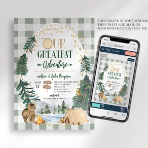 An explainer graphic reading "edit online in your web browser, then print and mail or send digitally via text or email" with Andrew and Lydia's invitation shown on a smartphone screen.