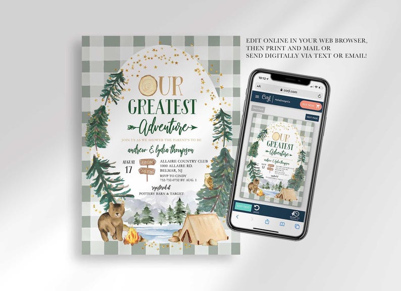 An explainer graphic reading "edit online in your web browser, then print and mail or send digitally via text or email" with Andrew and Lydia's invitation shown on a smartphone screen.