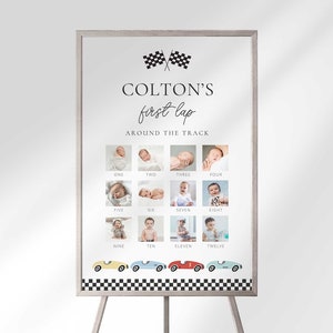 Racewagen eerste ronde rond de baan verjaardagsfoto grafiek, Racing 1e jaar mijlpaalposter, bewerkbare Grand Prix baby verjaardagsbordsjabloon