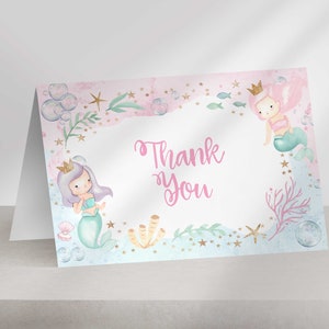 Kleine Meerjungfrau Dankeskarte, kleine Meerjungfrau ist auf dem Weg-Babyparty, Meerjungfrau Geburtstags-Dankeschön-Karte, unter dem Meer, Instant Download