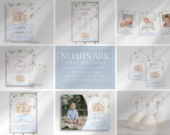 Noah's Ark First Birthday Invitation Bundle, Editable Templates (Digital Download)