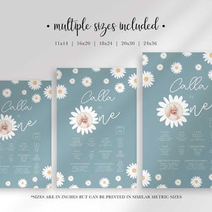 Graphic labeled "multiple sizes included" listing 11x14, 16x20, 18x24, and 20x30 and 24x36 options, showing three sizes of the "Calla Is One" poster side by side with a note that sizes are in inches but can be printed in similar metric sizes.