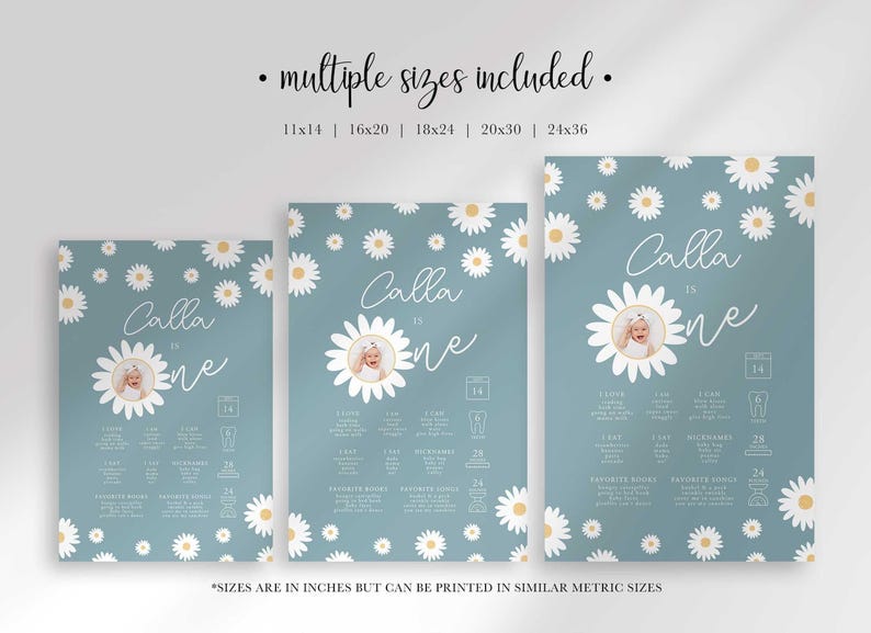 Graphic labeled "multiple sizes included" listing 11x14, 16x20, 18x24, and 20x30 and 24x36 options, showing three sizes of the "Calla Is One" poster side by side with a note that sizes are in inches but can be printed in similar metric sizes.