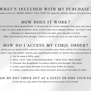 FAQ text block explaining what's included with purchase, how the Corjl online editing platform works, and step-by-step instructions for accessing the order after purchase, with a note not to check out as a guest.