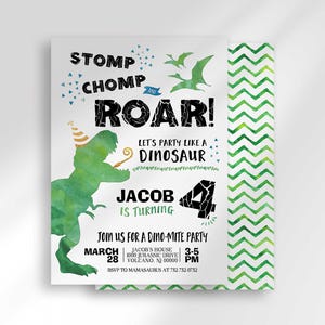 Stomp Chomp Roar Dinosaur Invitation, Boy Jurassic Party Invite