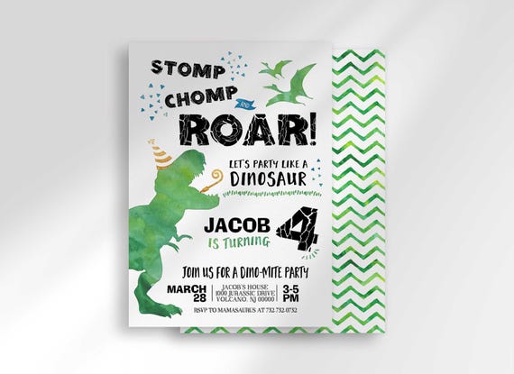 Stomp Chomp Roar Dinosaur Invitation, Boy Jurassic Party Invite
