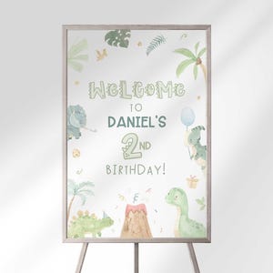 Plantilla editable de cartel de bienvenida de cumpleaños con temática de dinosaurios para decoración de fiestas, imprimible jurásico (descarga digital)