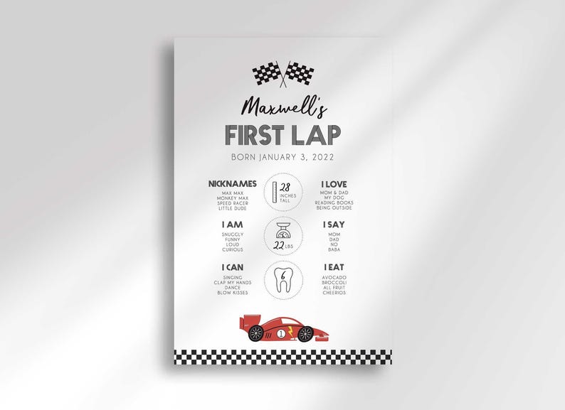 race car first birthday board
