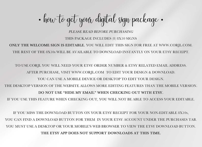 Text graphic titled 'How to Get Your Digital Sign Package' explaining the package includes 8 signs, only the welcome sign is editable at Corjl.com, and the rest download instantly from the Etsy receipt.