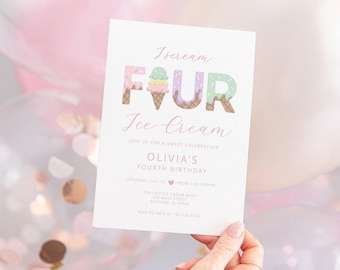 I Scream Four Ice Cream Birthday Invitation,  Sweet 4th Celebration