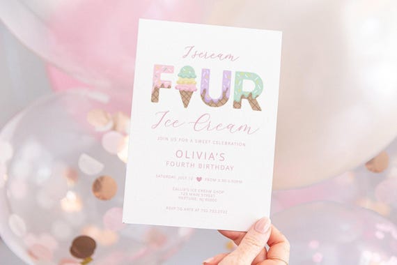 Pastel Ice Cream 4th Birthday Invitation: for Sweet Summer Celebration (Digital Download)