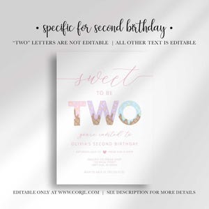 Graphic explaining that the invitation is specific for a second birthday, noting the 'TWO' lettering is not editable while all other text is.