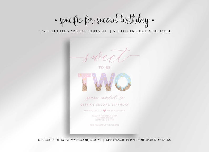 Graphic explaining that the invitation is specific for a second birthday, noting the 'TWO' lettering is not editable while all other text is.