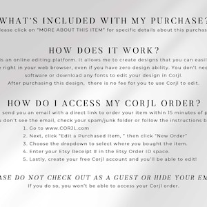 FAQ text block explaining what's included with purchase, how the Corjl online editing platform works, and step-by-step instructions for accessing the order after purchase, with a note not to check out as a guest.