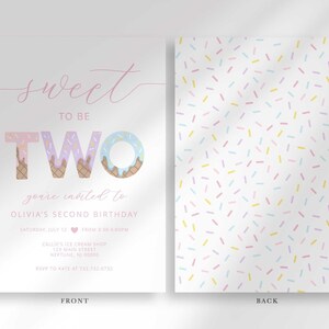 Front and back view of the invitation: the front shows the ice cream-themed party details, and the back shows a pastel confetti sprinkle pattern.