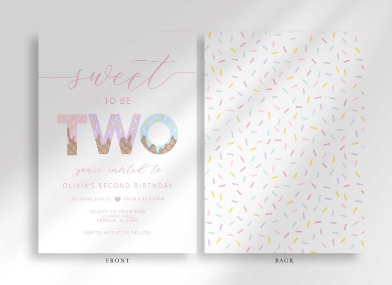 Front and back view of the invitation: the front shows the ice cream-themed party details, and the back shows a pastel confetti sprinkle pattern.