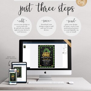 "Just three steps" Corjl explainer graphic: edit your details at corjl.com in your browser, save your design as a JPG or PDF, then print at home or send professionally or digitally via text or email, shown with a computer and phone mockup of the design in the Corjl editor. Includes "try free before you buy, demo link in description" and "edit on any device."