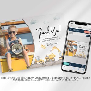 An explainer graphic reading "edit in your web browser on your mobile or desktop, no software needed, can be printed & mailed or sent digitally in text/email" with Damian's thank you card shown on a smartphone screen.