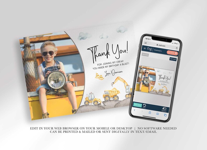 An explainer graphic reading "edit in your web browser on your mobile or desktop, no software needed, can be printed & mailed or sent digitally in text/email" with Damian's thank you card shown on a smartphone screen.