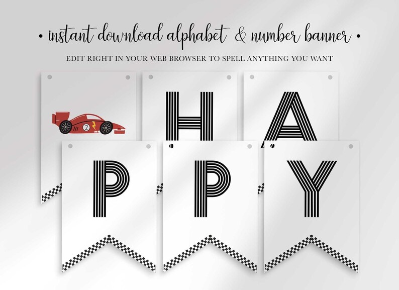 An explainer graphic reading "instant download alphabet & number banner, edit right in your web browser to spell anything you want" showing pennant banner flags spelling "HAPPY" with checkered flag borders and a race car icon flag.