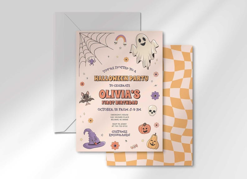 Olivia's Halloween-themed first birthday invitation layered in front of its matching envelope and a second card showing an orange checkerboard back design.