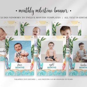 A grid of six rectangular milestone banner templates with surf and beach watercolor art displays baby photos and text like four months, eight months, and twelve months.