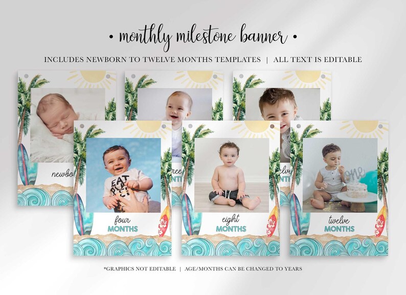 A grid of six rectangular milestone banner templates with surf and beach watercolor art displays baby photos and text like four months, eight months, and twelve months.
