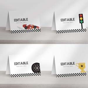 Four white folded tent cards with black and white checkered borders, featuring editable text and race car, traffic light, tire, and trophy graphics.