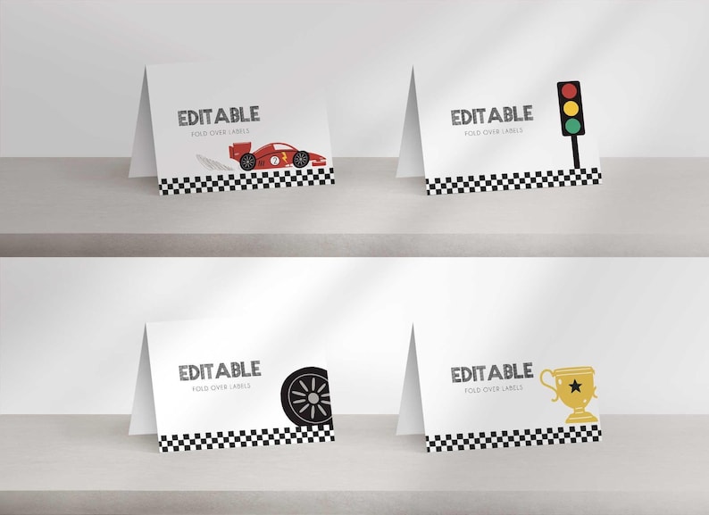 Four white folded tent cards with black and white checkered borders, featuring editable text and race car, traffic light, tire, and trophy graphics.