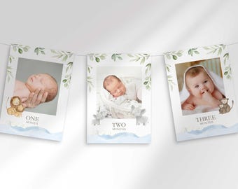 Noah's Ark Monthly Photo Banner, Editable First Birthday Milestone Bunting Party Decor (Digital Download)